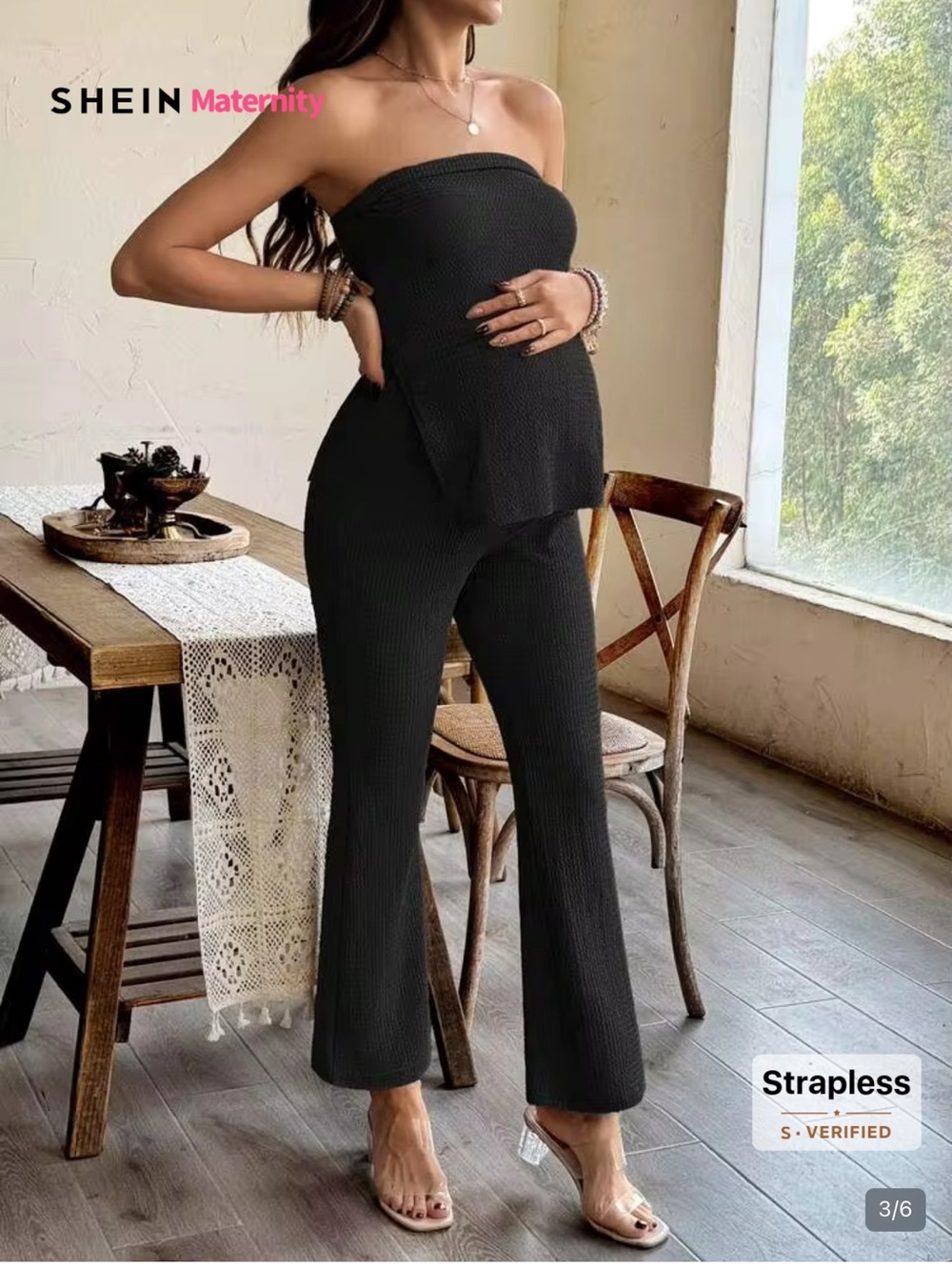 4pcs/Black and Tan Set Maternity Tube Top & Adjustable Waist Flare Pants Set